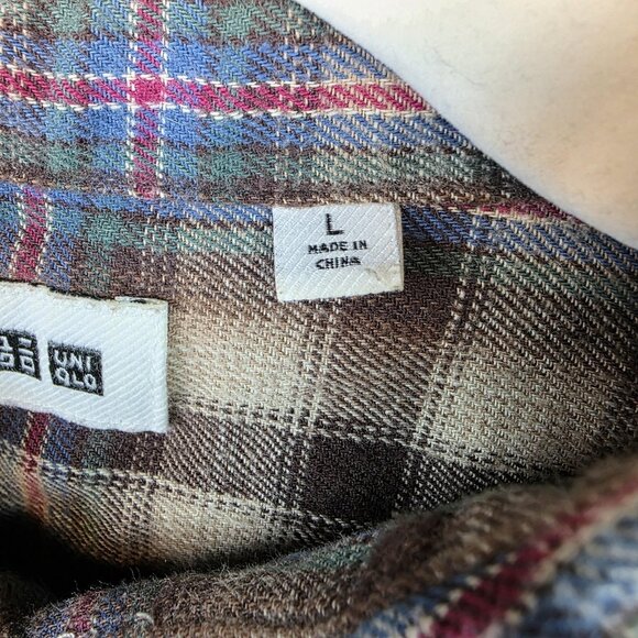 Uniqlo Shirt Womens Large Brown Beige Plaid Button Down Long Sleeve 100% Cotton - Picture 3 of 13